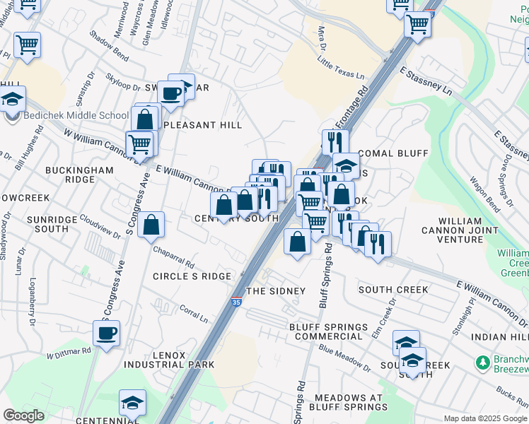 map of restaurants, bars, coffee shops, grocery stores, and more near 300 East William Cannon Drive in Austin