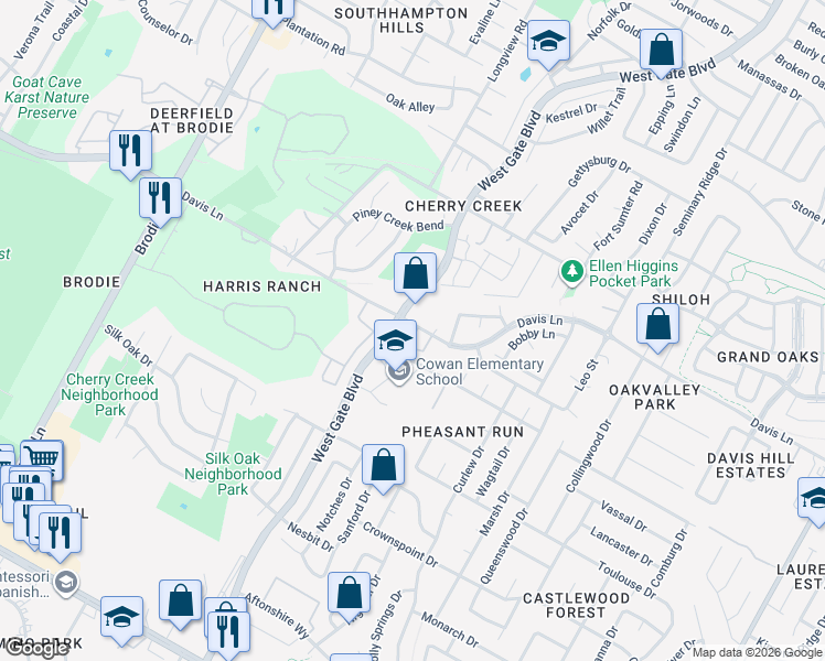 map of restaurants, bars, coffee shops, grocery stores, and more near 8941 Parker Ranch Circle in Austin
