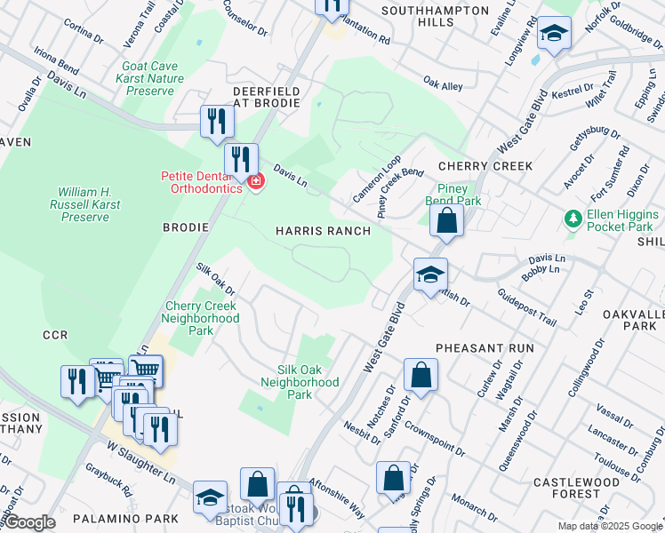 map of restaurants, bars, coffee shops, grocery stores, and more near 9201 Brodie Lane in Austin