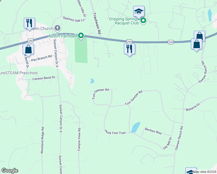 map of restaurants, bars, coffee shops, grocery stores, and more near 1351 Tom Sawyer Road in Dripping Springs