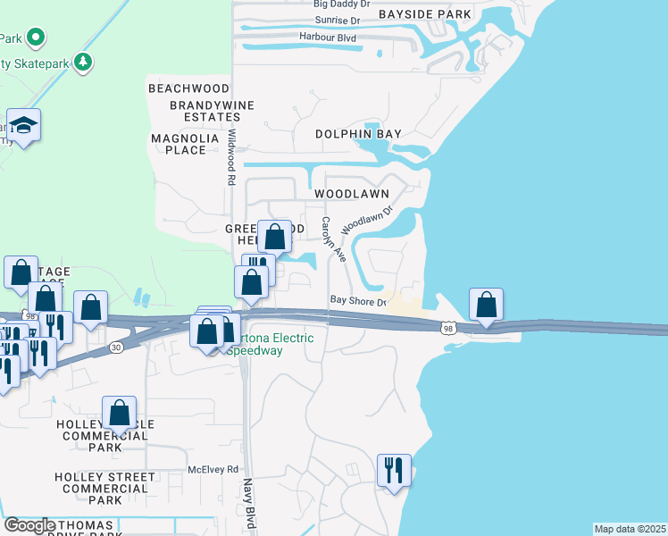 map of restaurants, bars, coffee shops, grocery stores, and more near 116 Woodlawn Drive in Panama City