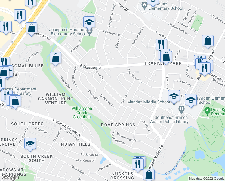map of restaurants, bars, coffee shops, grocery stores, and more near 2517 Dove Dr in Austin