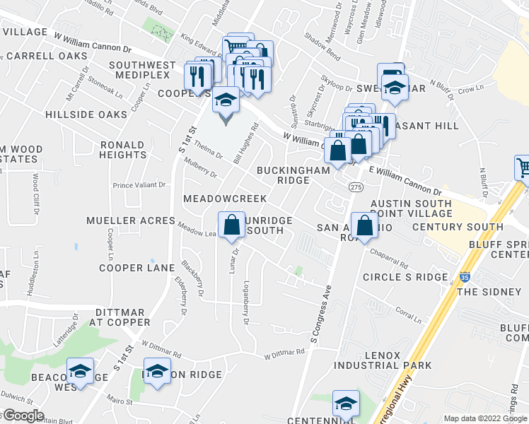 map of restaurants, bars, coffee shops, grocery stores, and more near 7101 Wishing Well Drive in Austin