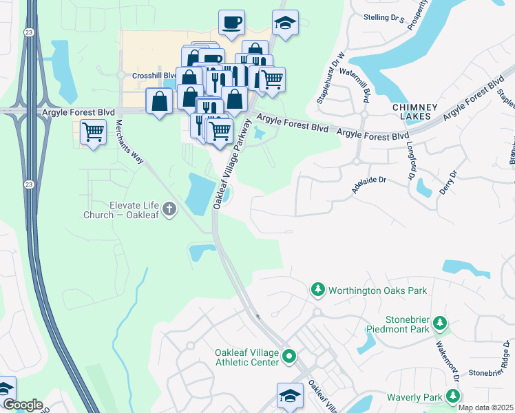 map of restaurants, bars, coffee shops, grocery stores, and more near 9753 Woodstone Mill in Jacksonville