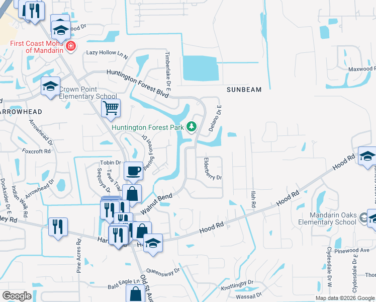 map of restaurants, bars, coffee shops, grocery stores, and more near 10221 Walnut Bend North in Jacksonville