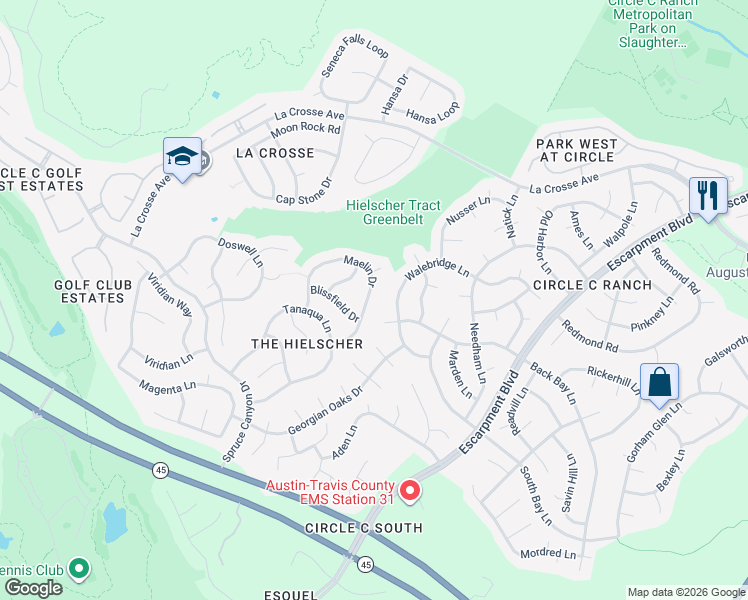 map of restaurants, bars, coffee shops, grocery stores, and more near 11101 Maelin Drive in Austin