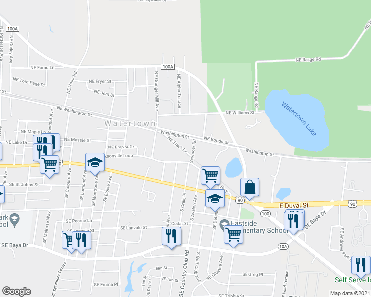 map of restaurants, bars, coffee shops, grocery stores, and more near 139 Northeast Track Drive in Lake City