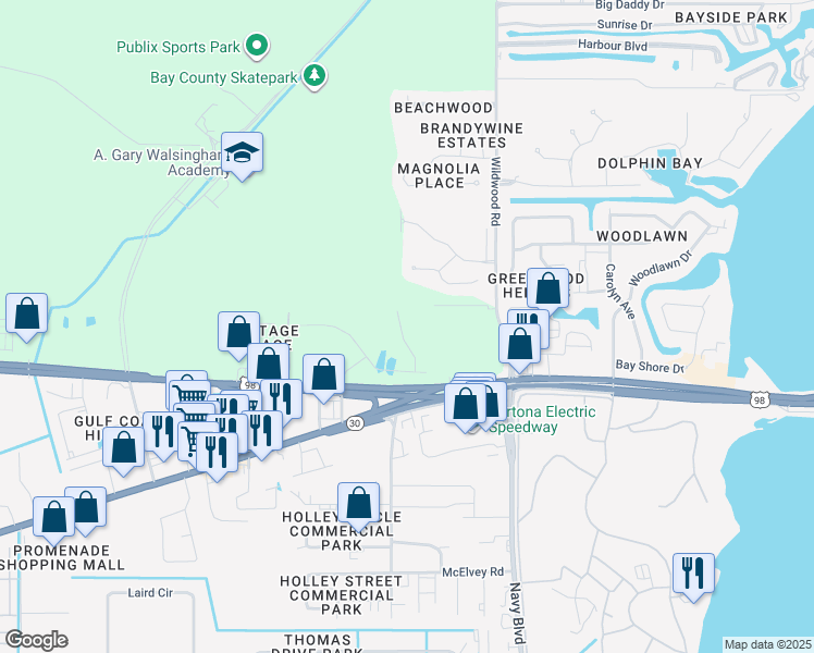 map of restaurants, bars, coffee shops, grocery stores, and more near 1881 Pointe Drive in Panama City Beach