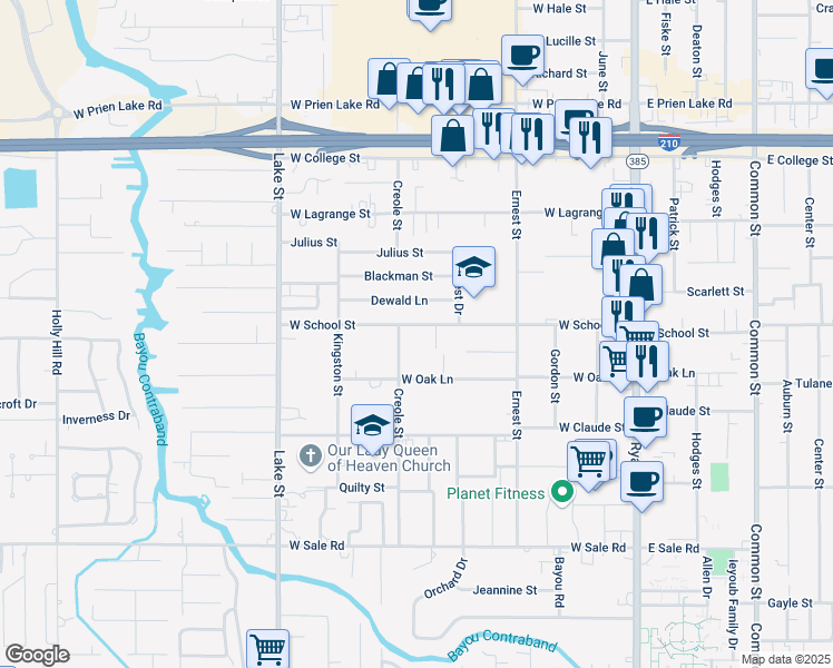 map of restaurants, bars, coffee shops, grocery stores, and more near 509 West School Street in Lake Charles