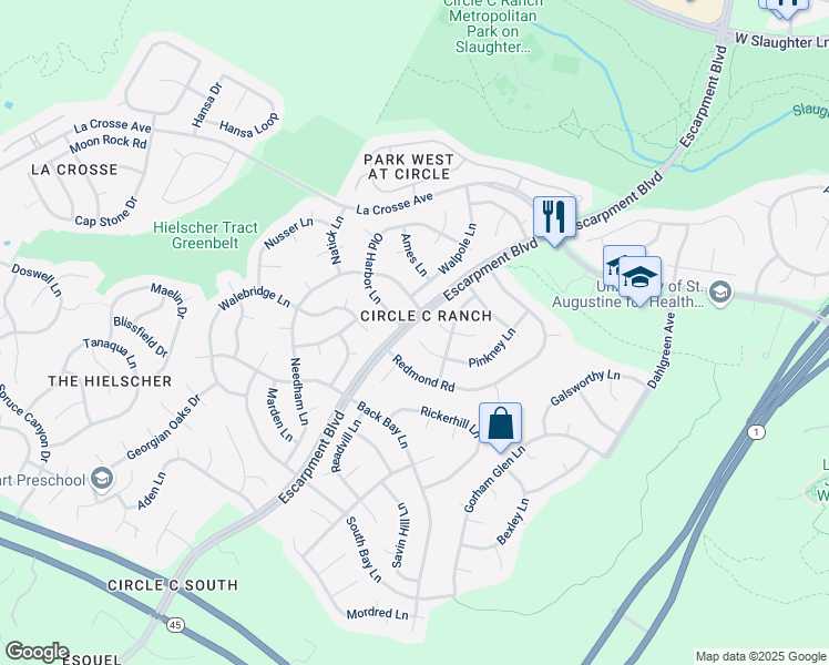map of restaurants, bars, coffee shops, grocery stores, and more near 10812 Pinkney Lane in Austin