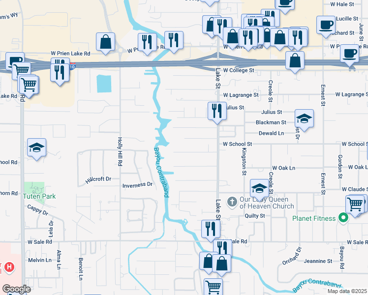 map of restaurants, bars, coffee shops, grocery stores, and more near 1000 Bayou Oaks Ln in Lake Charles