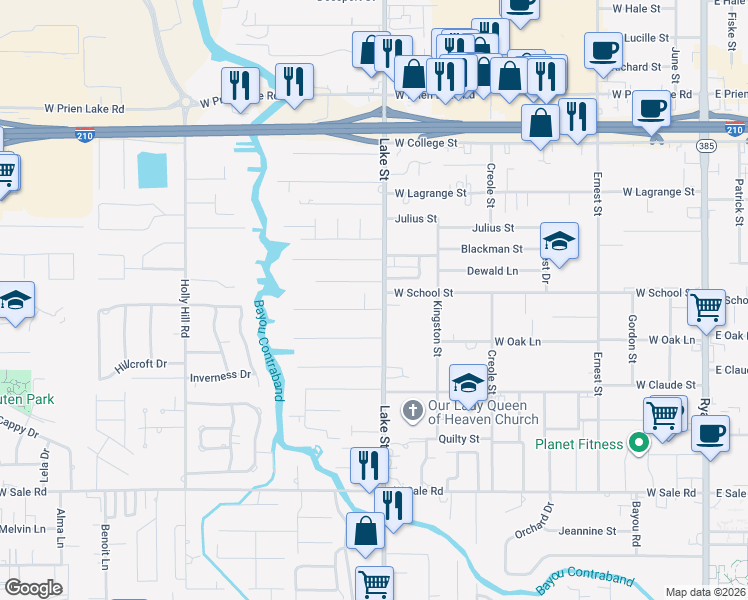 map of restaurants, bars, coffee shops, grocery stores, and more near 3624 Lake St in Lake Charles