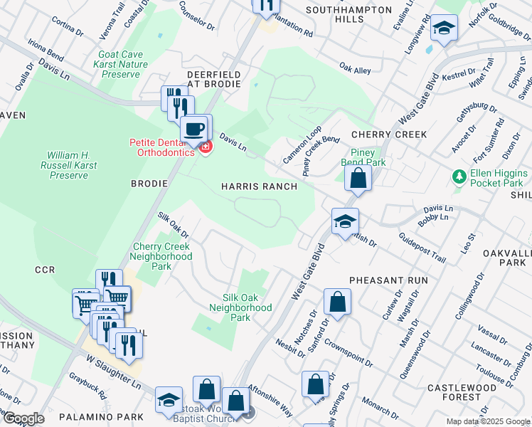 map of restaurants, bars, coffee shops, grocery stores, and more near 9201 Brodie Lane in Austin