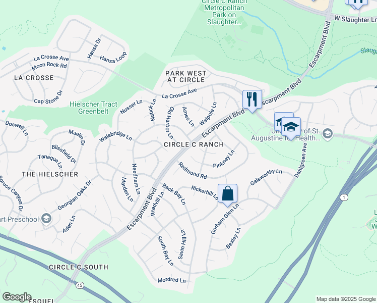 map of restaurants, bars, coffee shops, grocery stores, and more near 10812 Pinkney Lane in Austin