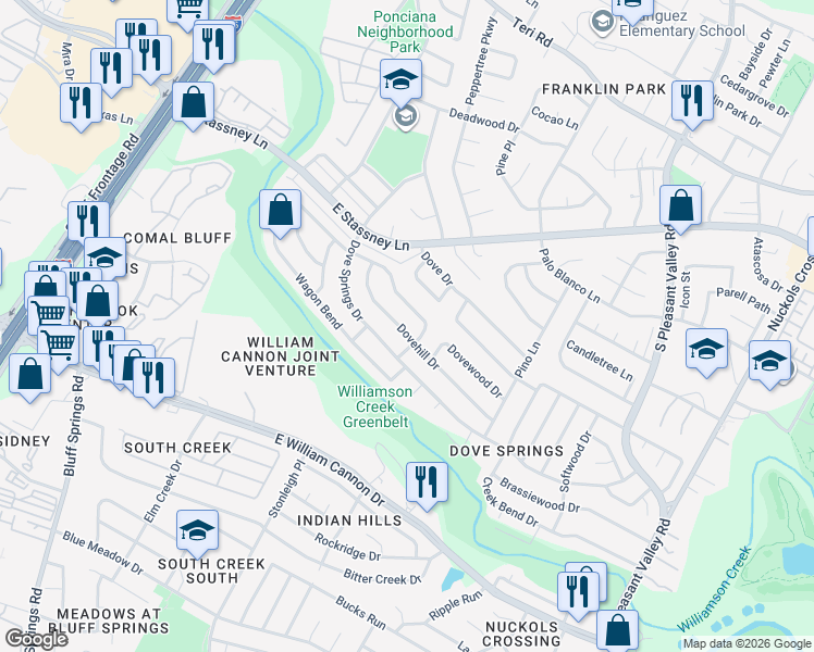map of restaurants, bars, coffee shops, grocery stores, and more near 2402 Dovehill Drive in Austin