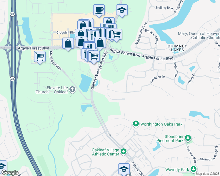 map of restaurants, bars, coffee shops, grocery stores, and more near 9753 Woodstone Mill in Jacksonville