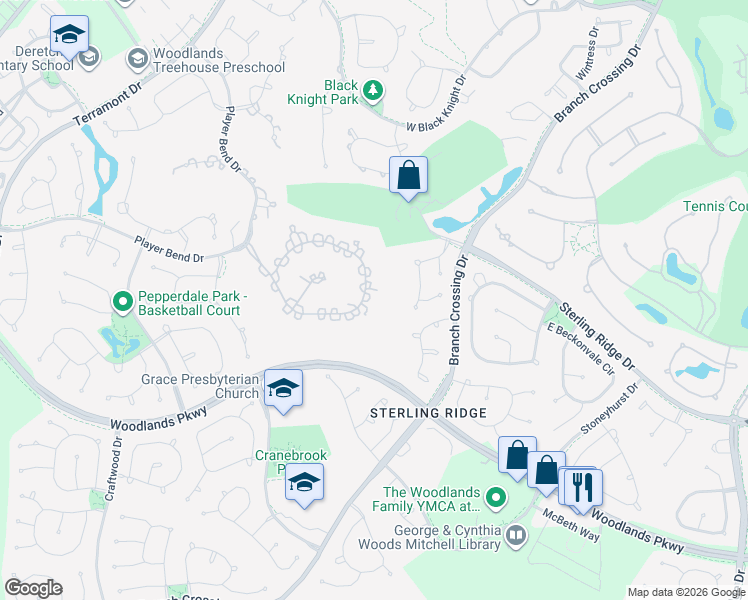 map of restaurants, bars, coffee shops, grocery stores, and more near 46 North Gary Glen Circle in Spring