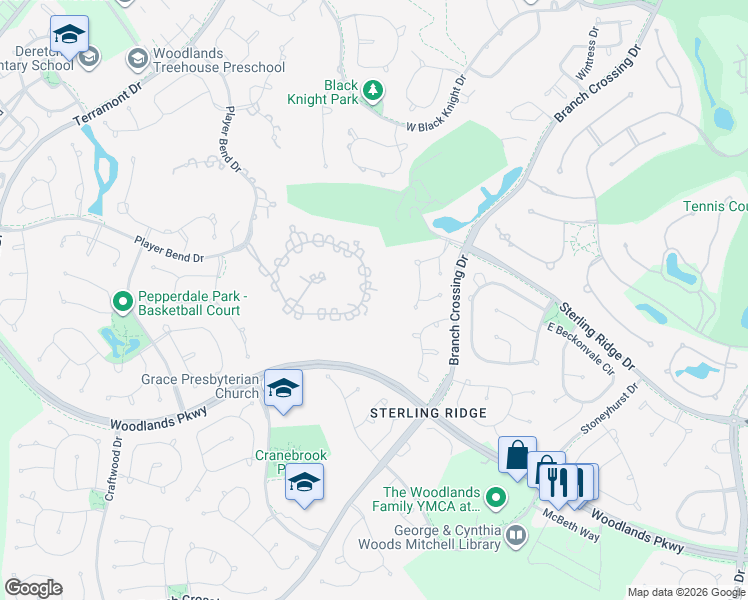 map of restaurants, bars, coffee shops, grocery stores, and more near 46 N Gary Glen Cir in Spring