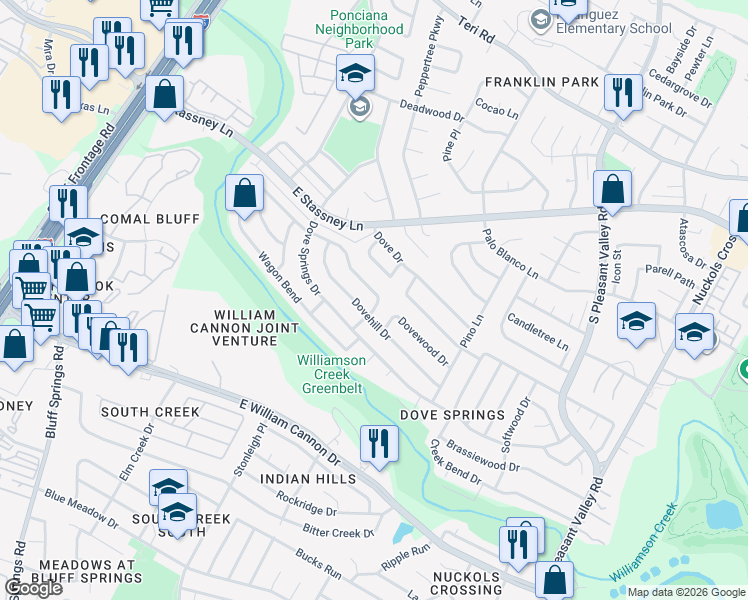 map of restaurants, bars, coffee shops, grocery stores, and more near 2402 Dovehill Drive in Austin