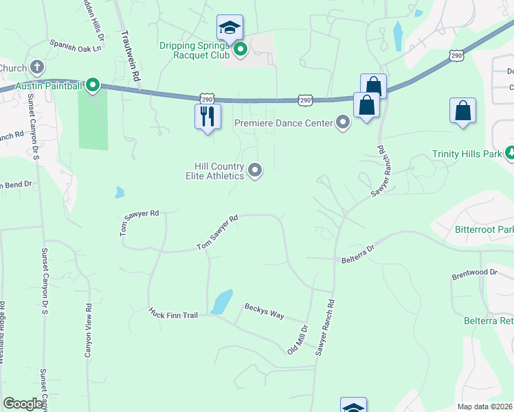 map of restaurants, bars, coffee shops, grocery stores, and more near 558 Tom Sawyer Road in Dripping Springs