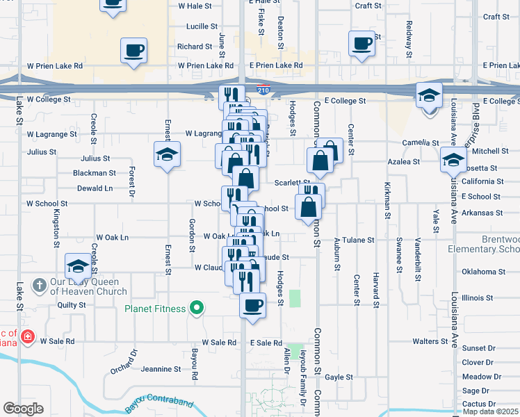 map of restaurants, bars, coffee shops, grocery stores, and more near 317 School Ln in Lake Charles