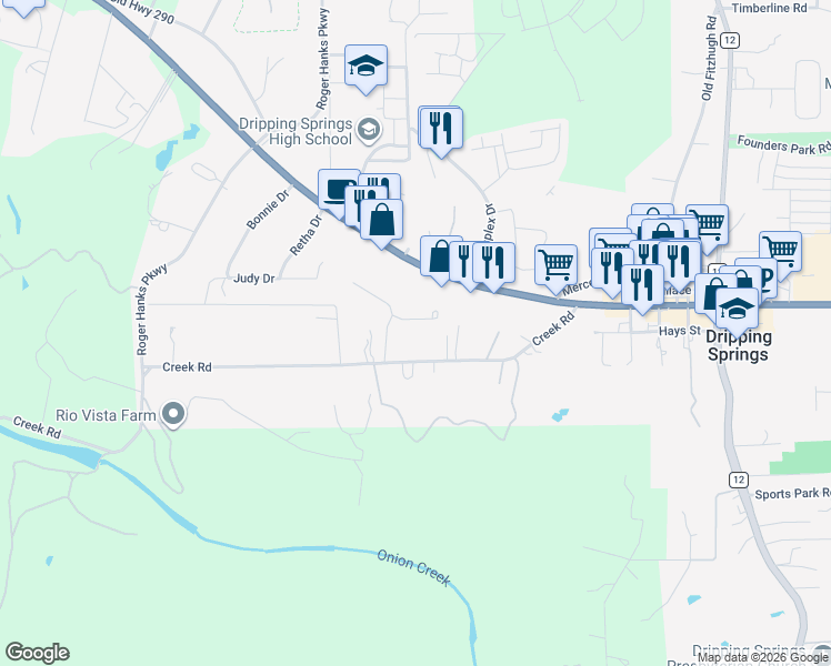 map of restaurants, bars, coffee shops, grocery stores, and more near 425 Creek Road in Dripping Springs