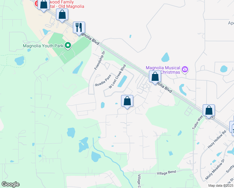 map of restaurants, bars, coffee shops, grocery stores, and more near 38215 South Lost Creek Boulevard in Magnolia