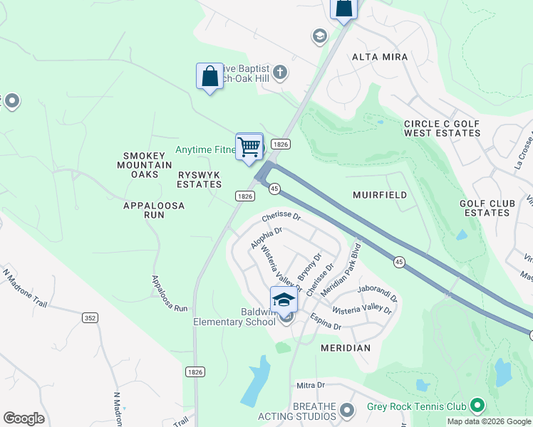 map of restaurants, bars, coffee shops, grocery stores, and more near 11501 Cherisse Drive in Austin