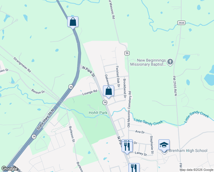 map of restaurants, bars, coffee shops, grocery stores, and more near 2607 Oakwood Drive in Brenham