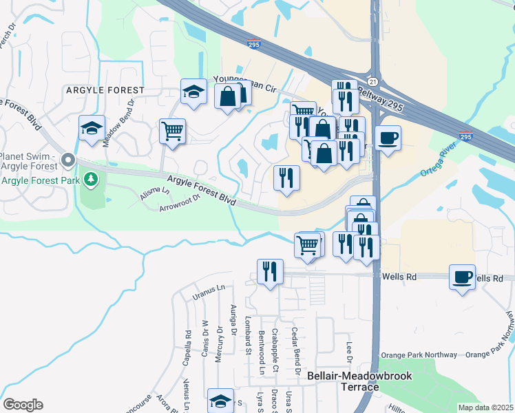 map of restaurants, bars, coffee shops, grocery stores, and more near 8563 Argyle Business Loop in Jacksonville