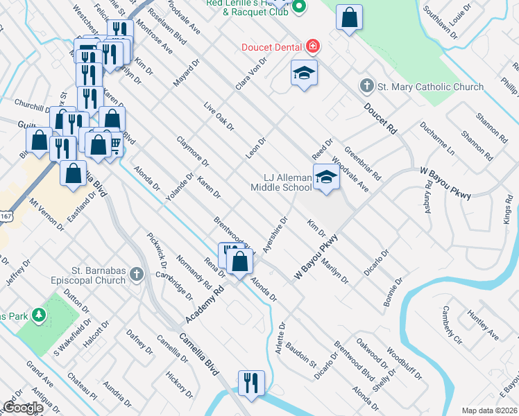 map of restaurants, bars, coffee shops, grocery stores, and more near 418 Marilyn Drive in Lafayette