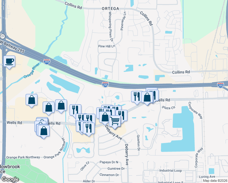map of restaurants, bars, coffee shops, grocery stores, and more near 47 Finch Court in Orange Park