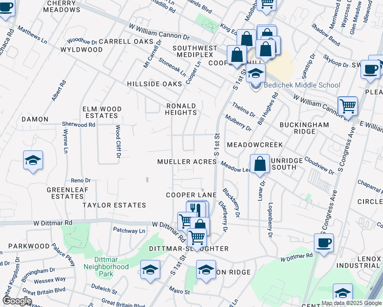 map of restaurants, bars, coffee shops, grocery stores, and more near 701 Aletha Lane in Austin
