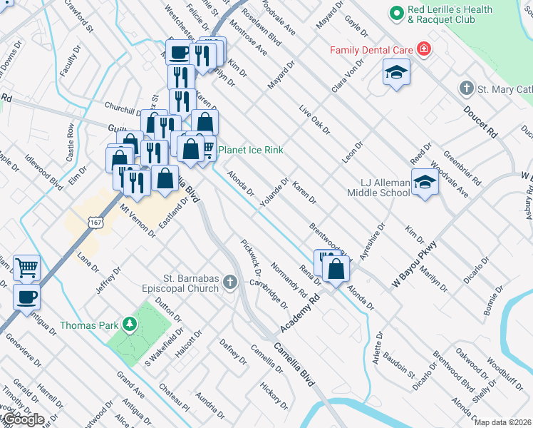 map of restaurants, bars, coffee shops, grocery stores, and more near 123 Alonda Dr in Lafayette