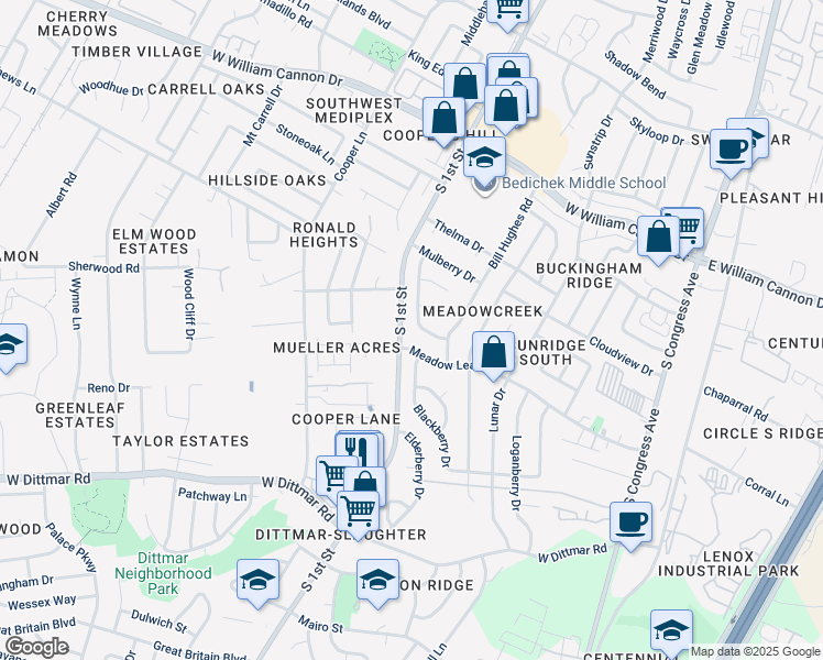 map of restaurants, bars, coffee shops, grocery stores, and more near 7214 Teaberry Drive in Austin