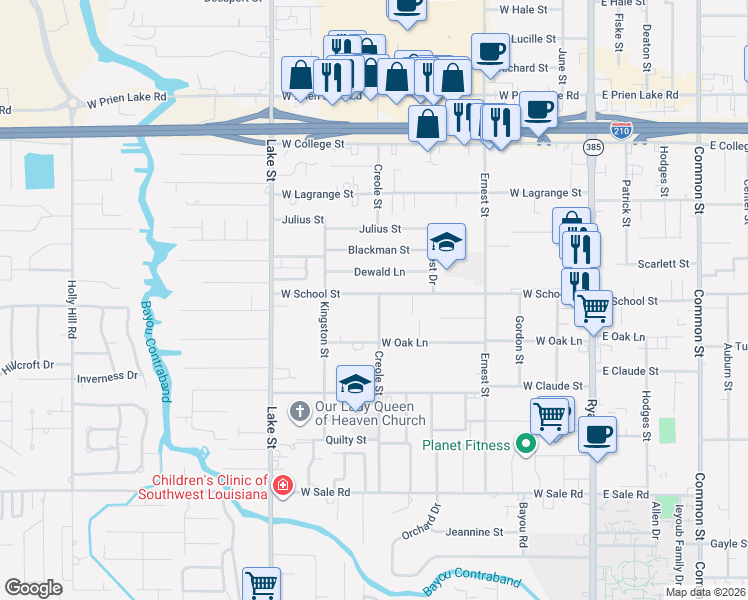 map of restaurants, bars, coffee shops, grocery stores, and more near 3700 Creole Street in Lake Charles