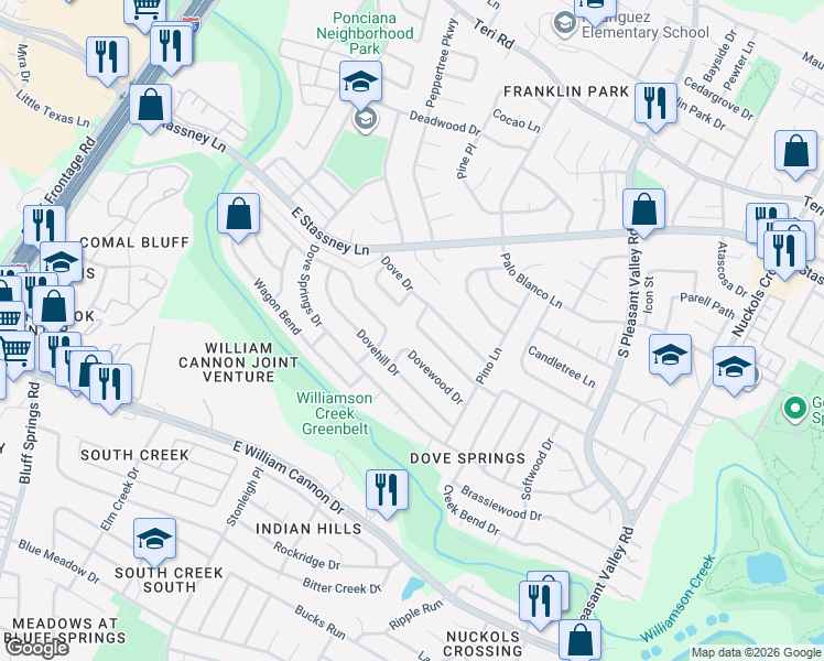 map of restaurants, bars, coffee shops, grocery stores, and more near 2513 Dovemeadow Drive in Austin