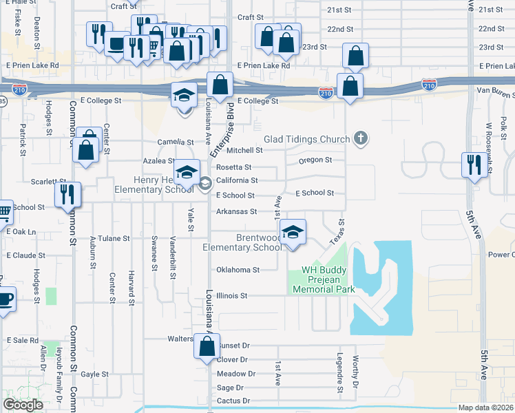 map of restaurants, bars, coffee shops, grocery stores, and more near 1305 Arkansas St in Lake Charles