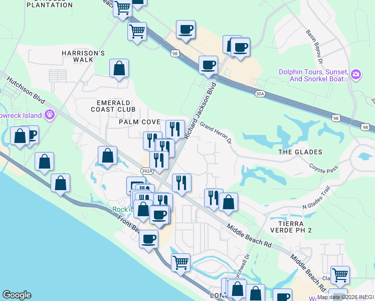 map of restaurants, bars, coffee shops, grocery stores, and more near 309 R Jackson Boulevard in Panama City Beach