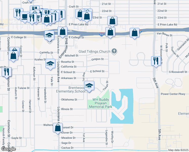 map of restaurants, bars, coffee shops, grocery stores, and more near 1503 Arkansas Street in Lake Charles