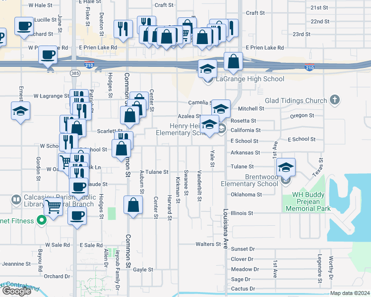 map of restaurants, bars, coffee shops, grocery stores, and more near 3705 Swanee Street in Lake Charles