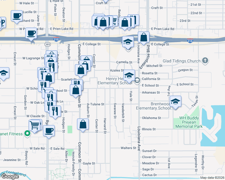 map of restaurants, bars, coffee shops, grocery stores, and more near 3708 Kirkman Street in Lake Charles
