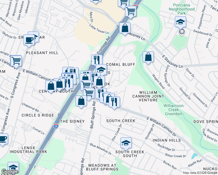 map of restaurants, bars, coffee shops, grocery stores, and more near 6503 Bluff Springs Road in Austin