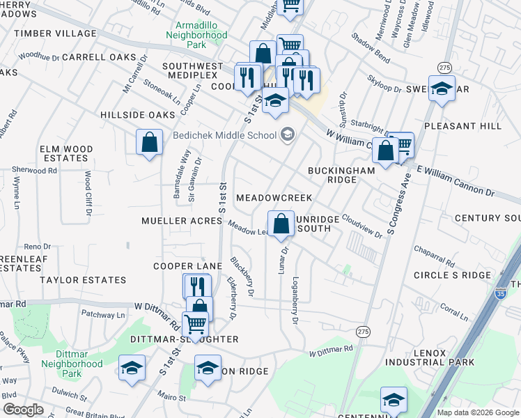 map of restaurants, bars, coffee shops, grocery stores, and more near 7201 Bill Hughes Road in Austin