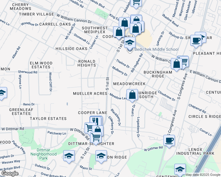 map of restaurants, bars, coffee shops, grocery stores, and more near 7214 Teaberry Drive in Austin