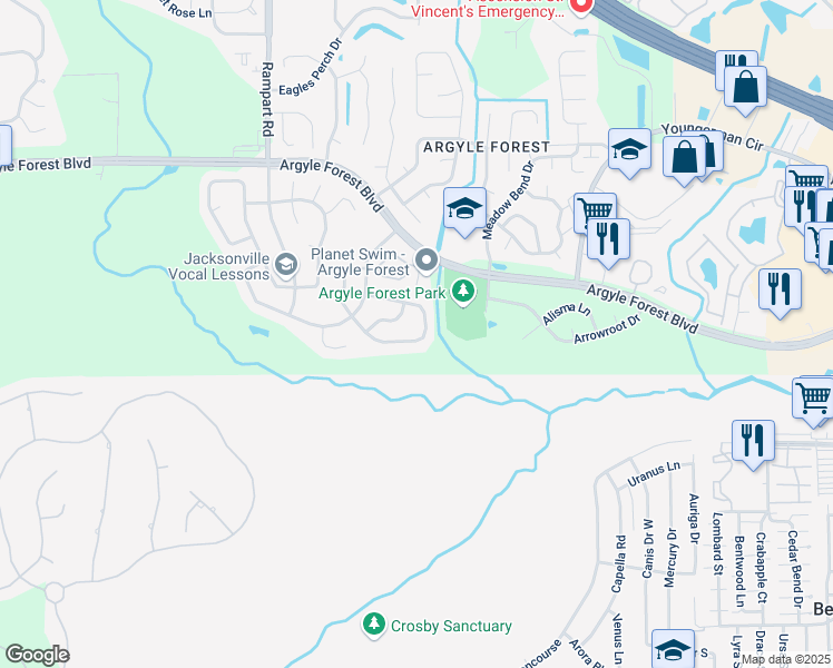map of restaurants, bars, coffee shops, grocery stores, and more near 7027 Beechfern Lane South in Jacksonville