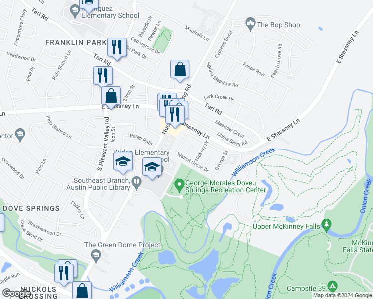 map of restaurants, bars, coffee shops, grocery stores, and more near 5216 Walnut Grove Court in Austin