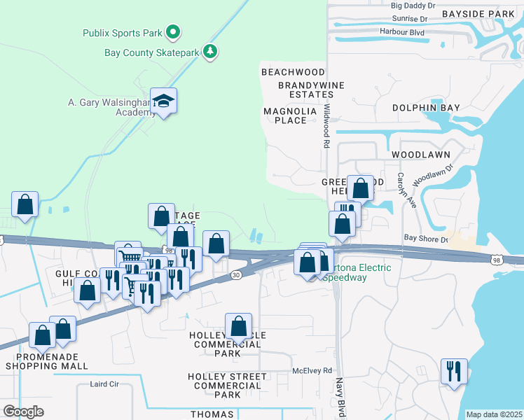 map of restaurants, bars, coffee shops, grocery stores, and more near 1881 Pointe Drive in Panama City Beach