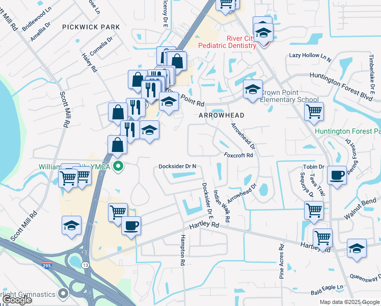 map of restaurants, bars, coffee shops, grocery stores, and more near 10253 Indian Princess Road West in Jacksonville