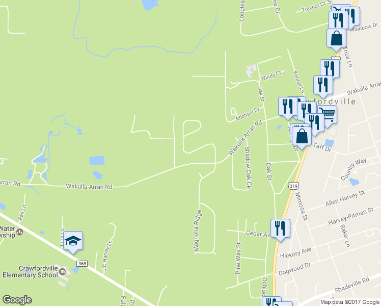map of restaurants, bars, coffee shops, grocery stores, and more near 65 Savannah Forest Circle in Crawfordville